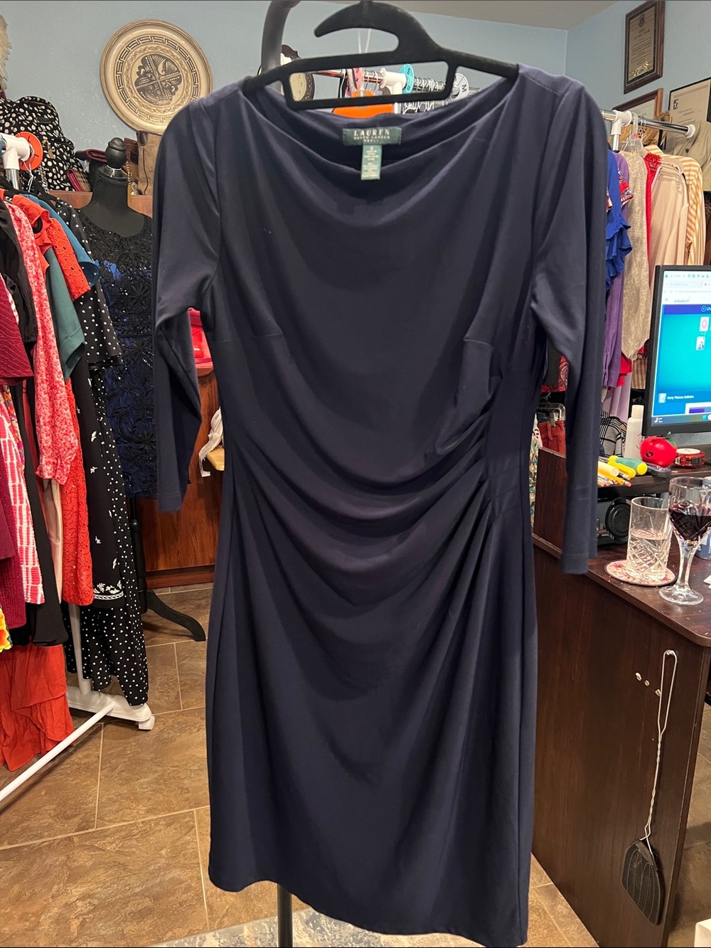 Lauren Ralph Lauren Navy Long Sleeve Draped Sheath Dress Size 8